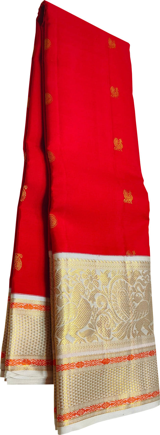 Red And White Handloom Kanjeevaram Pure Silk Saree - Luxurion World