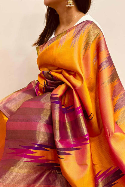 Orange Handloom Kanjeevaram Pure Silk Saree - Luxurion World