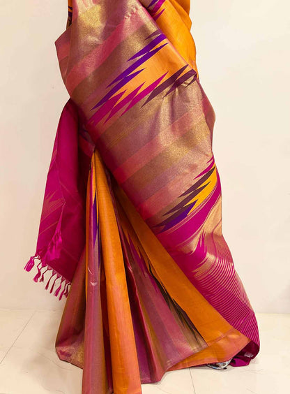Orange Handloom Kanjeevaram Pure Silk Saree - Luxurion World