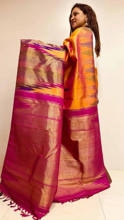 Orange Handloom Kanjeevaram Pure Silk Saree - Luxurion World