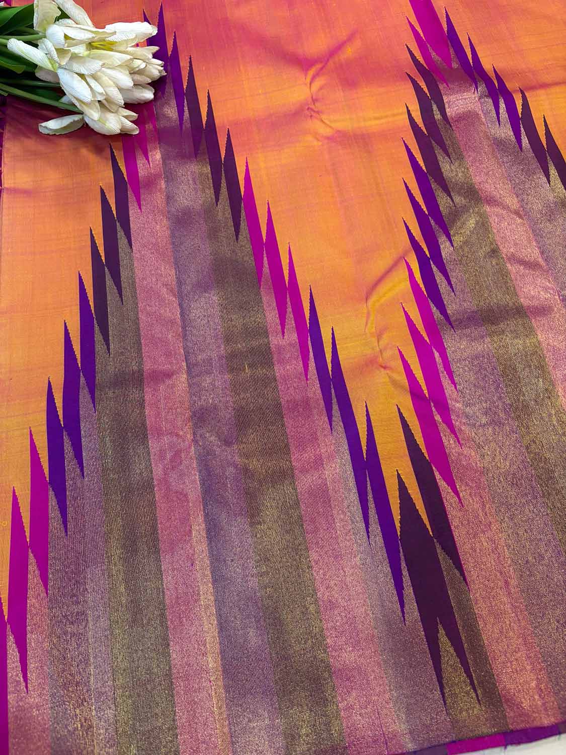 Orange Handloom Kanjeevaram Pure Silk Saree - Luxurion World