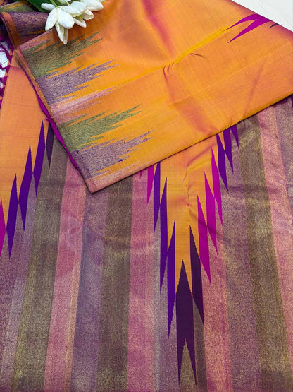 Orange Handloom Kanjeevaram Pure Silk Saree - Luxurion World