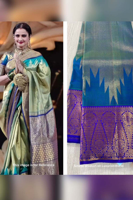 Blue Handloom Kanjeevaram Pure Silk 2 Gm Gold Zari Saree - Luxurion World