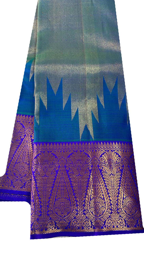 Blue Handloom Kanjeevaram Pure Silk 2 Gm Gold Zari Saree - Luxurion World