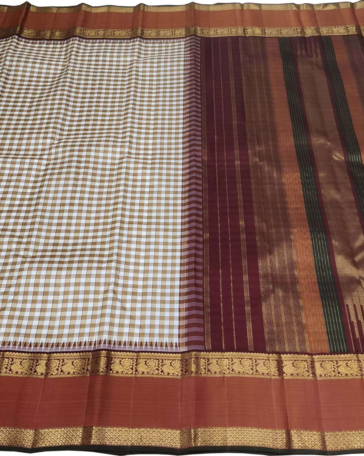 Off White Pure Silk Handloom Kanjeevaram Saree - Luxurion World