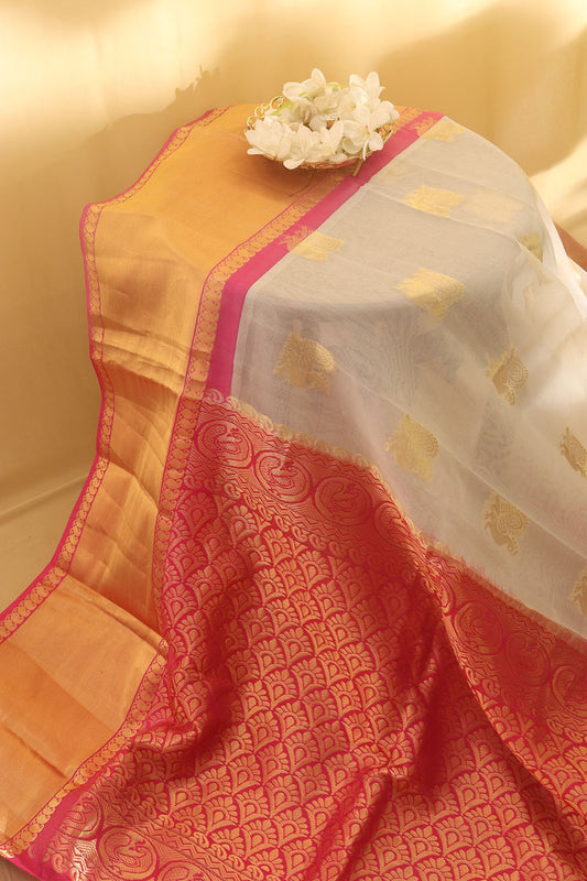 Off White And Pink Handloom Kanjeevaram Pure Organza Silk Saree - Luxurion World
