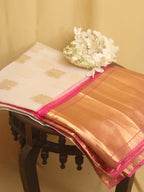Off White And Pink Handloom Kanjeevaram Pure Organza Silk Saree - Luxurion World