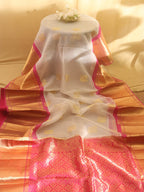 Off White And Pink Handloom Kanjeevaram Pure Organza Silk Saree - Luxurion World