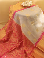 Off White And Pink Handloom Kanjeevaram Pure Organza Silk Saree - Luxurion World