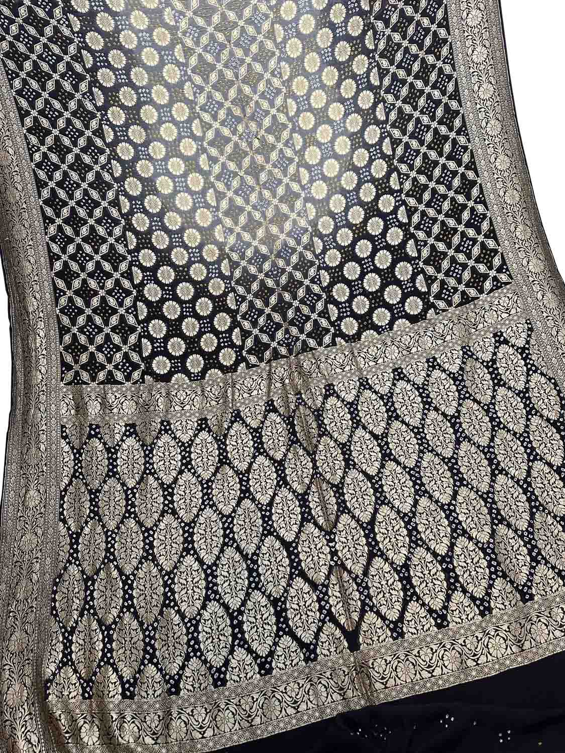 Grey And Black Pure Georgette Banarasi Bandhani Saree - Luxurion World