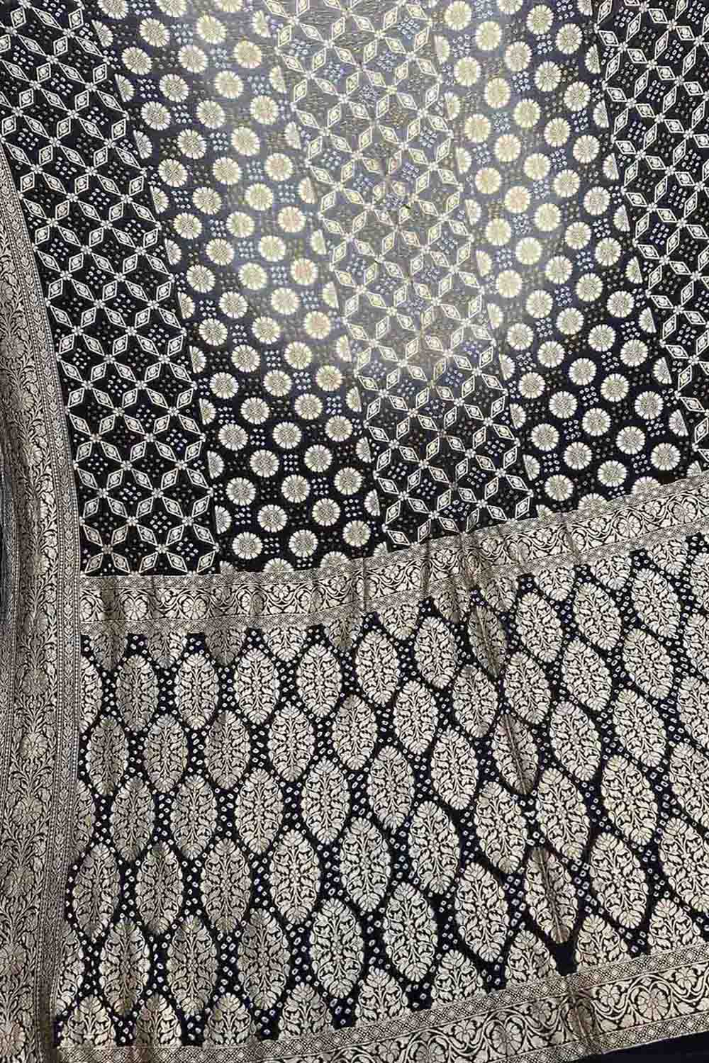 Grey And Black Pure Georgette Banarasi Bandhani Saree - Luxurion World