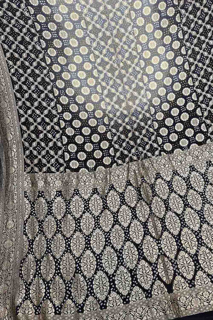 Grey And Black Pure Georgette Banarasi Bandhani Saree - Luxurion World