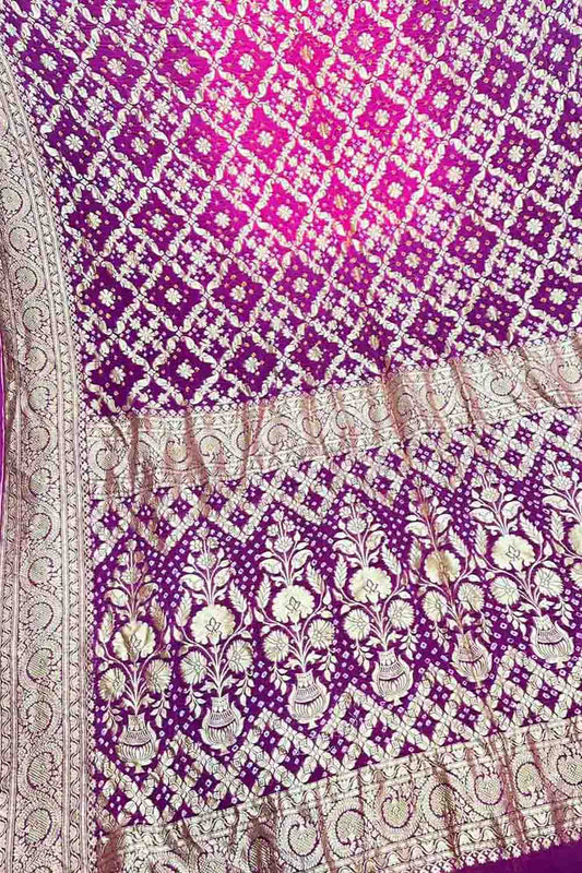 Purple Pure Georgette Banarasi Bandhani Saree - Luxurion World