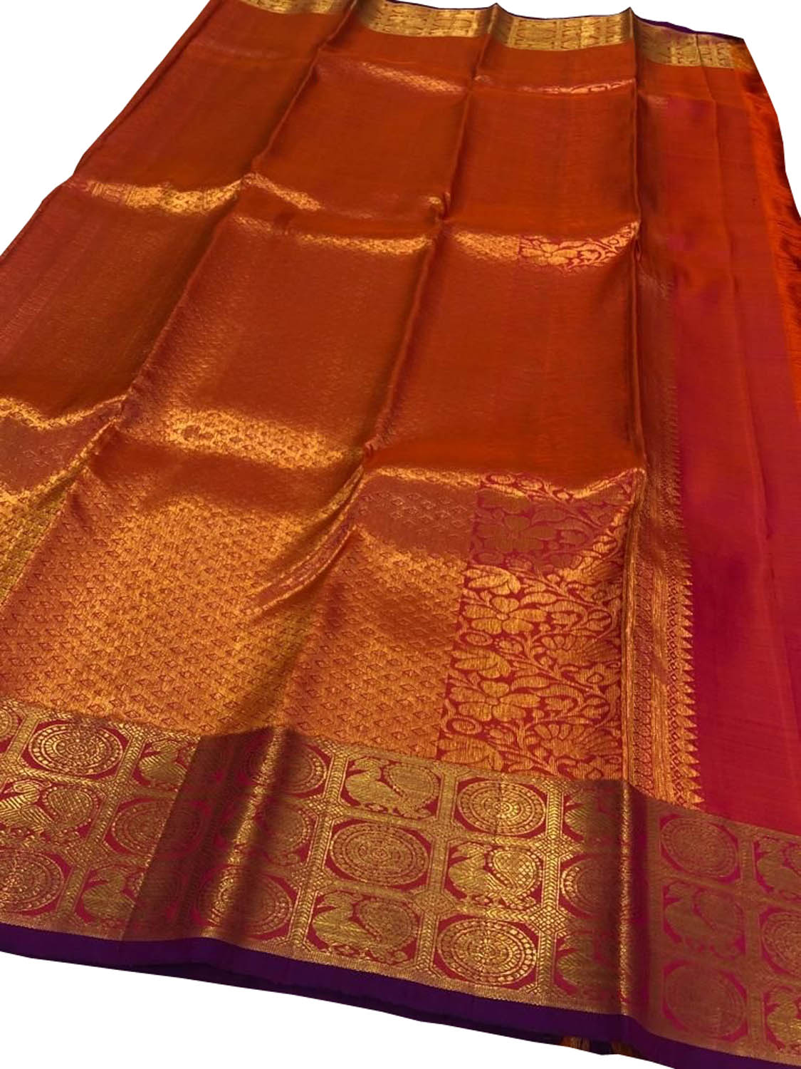 Pink And Orange Shot Kanjeevaram Handloom Pure Silk Saree - Luxurion World