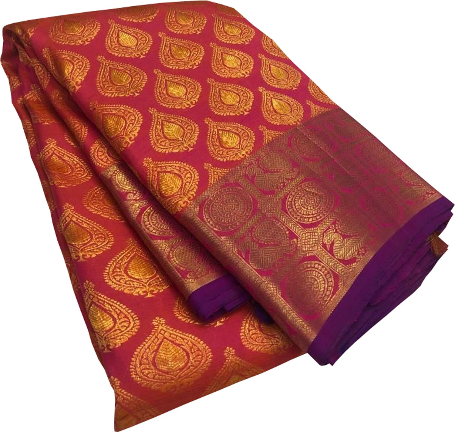 Pink And Orange Shot Kanjeevaram Handloom Pure Silk Saree - Luxurion World