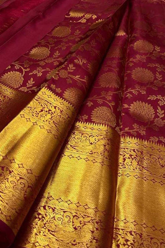 Maroon Kanjeevaram Handloom Pure Silk Saree - Luxurion World