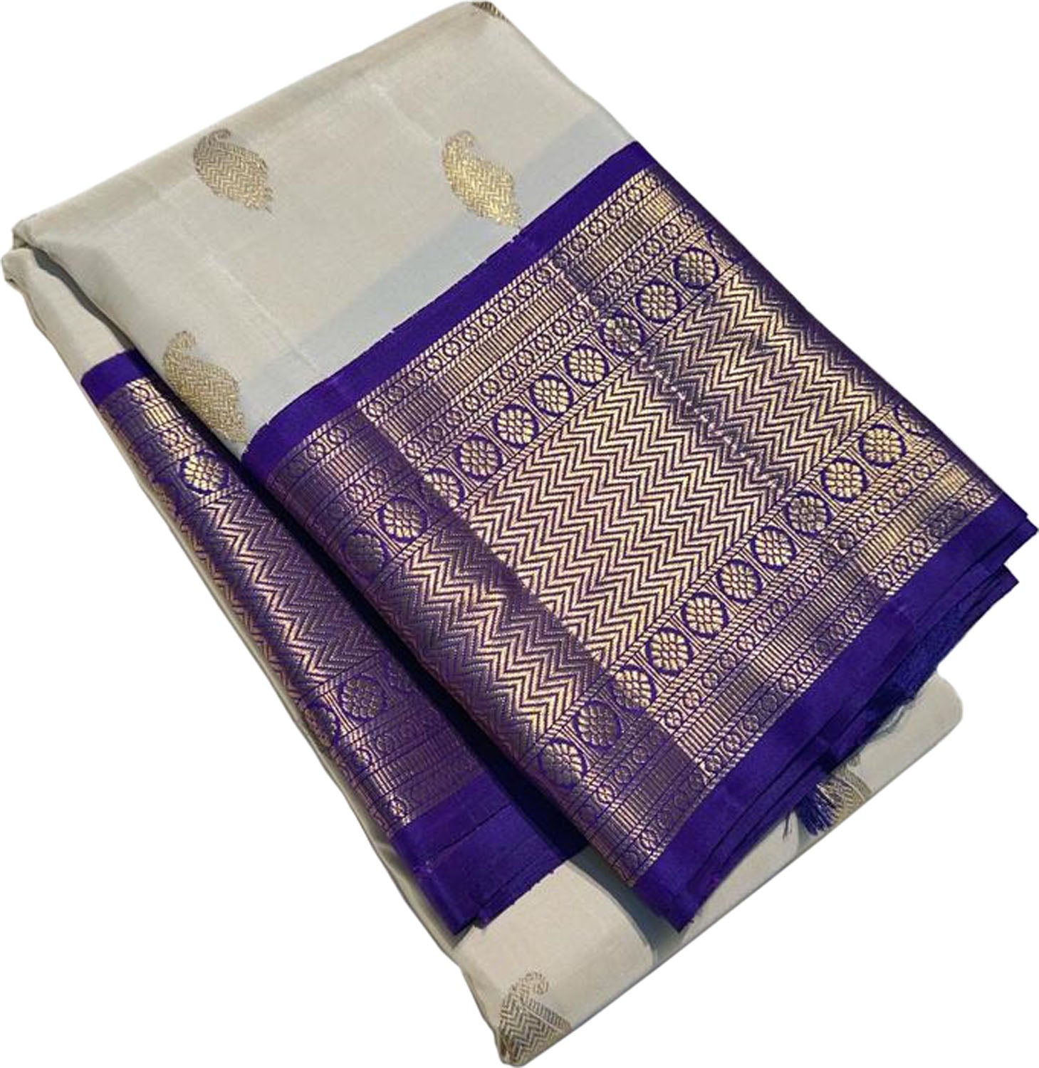 Women's Kanjeevaram Silk Off White Digital Print Designer Saree With Blouse Piece
