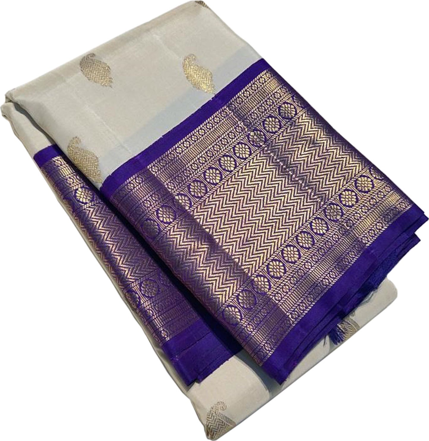 Off White Kanjeevaram Handloom Pure Silk Saree - Luxurion World