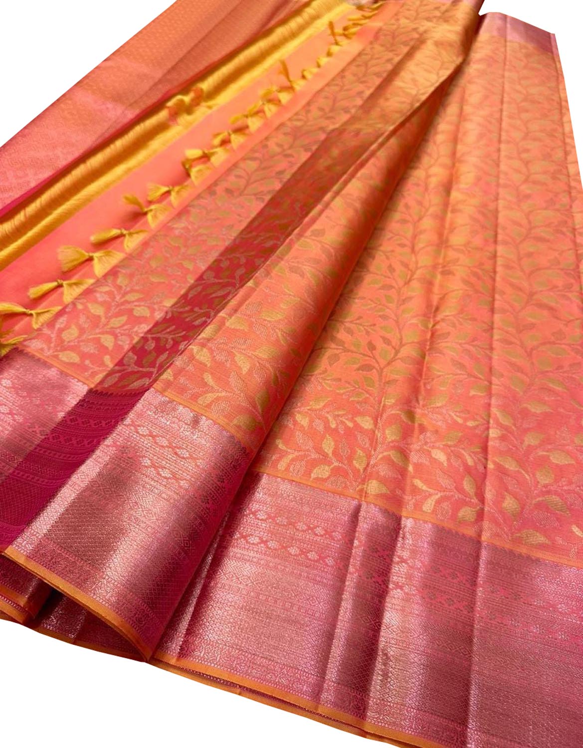 Vibrant Orange and Pink Kanjeevaram Handloom Pure Silk Saree - Luxurion World