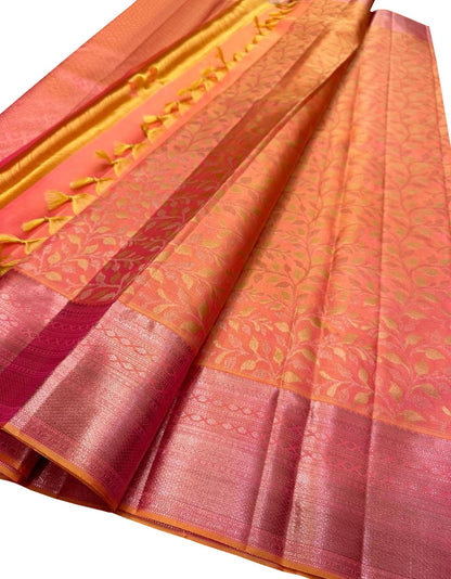 Vibrant Orange and Pink Kanjeevaram Handloom Pure Silk Saree - Luxurion World