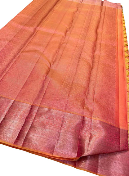 Vibrant Orange and Pink Kanjeevaram Handloom Pure Silk Saree - Luxurion World