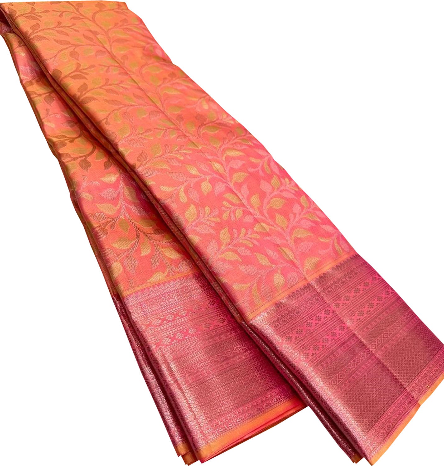 Vibrant Orange and Pink Kanjeevaram Handloom Pure Silk Saree - Luxurion World