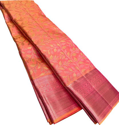 Vibrant Orange and Pink Kanjeevaram Handloom Pure Silk Saree - Luxurion World