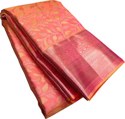 Vibrant Orange and Pink Kanjeevaram Handloom Pure Silk Saree - Luxurion World