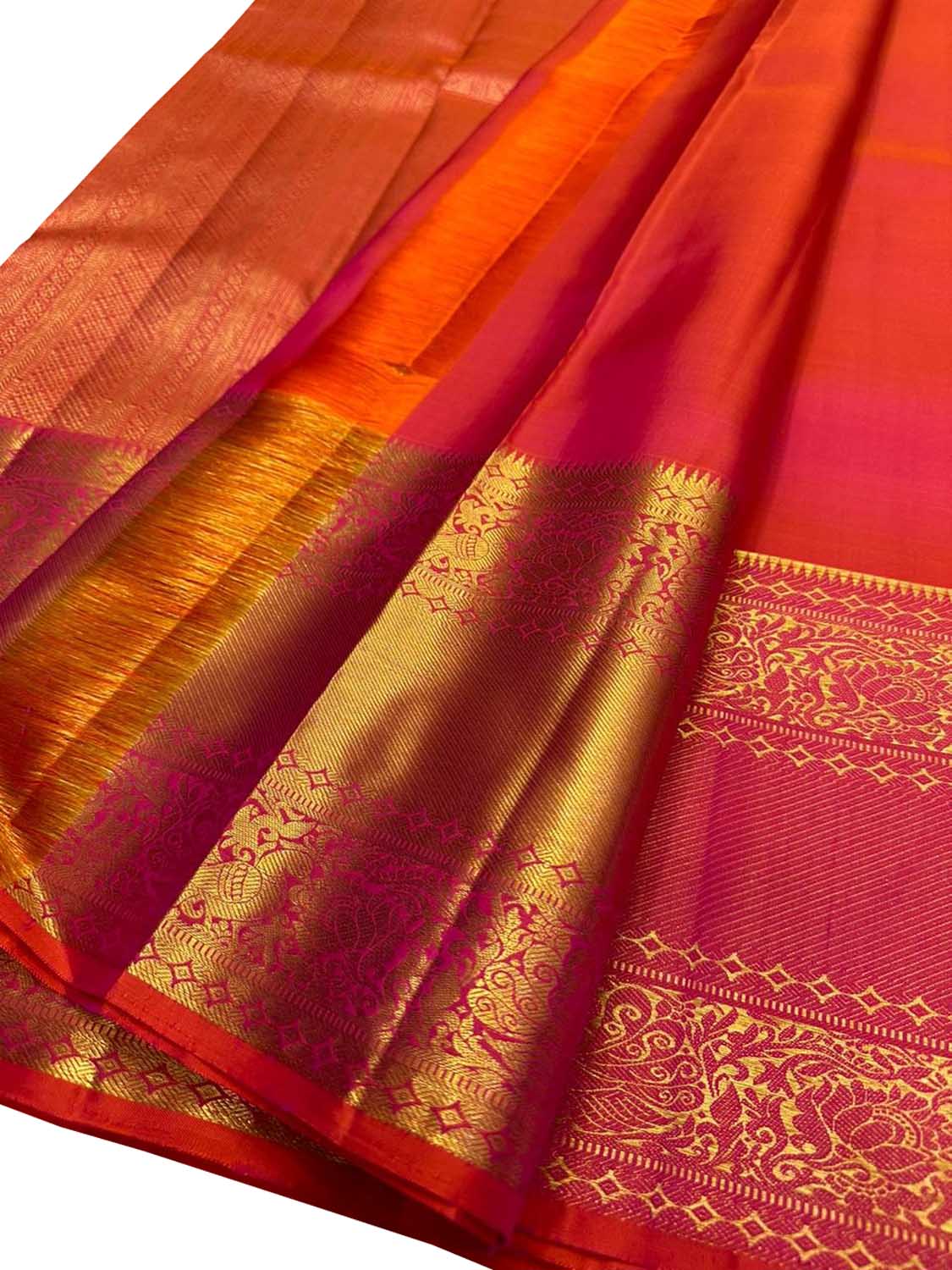 Exquisite Pink & Orange Kanjeevaram Handloom Pure Silk Saree - Luxurion World