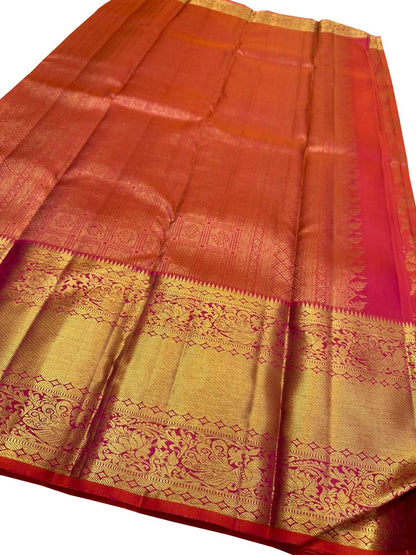 Exquisite Pink & Orange Kanjeevaram Handloom Pure Silk Saree - Luxurion World