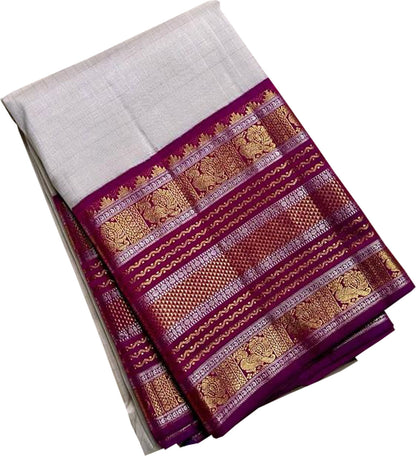 Elegant Off White Kanjeevaram Handloom Pure Silk Saree - Luxurion World