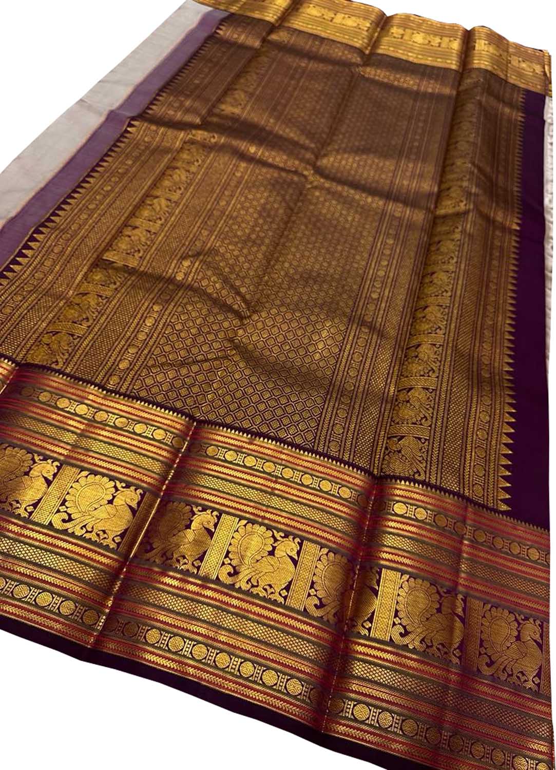 Elegant Grey Kanjeevaram Handloom Pure Silk Saree - Luxurion World