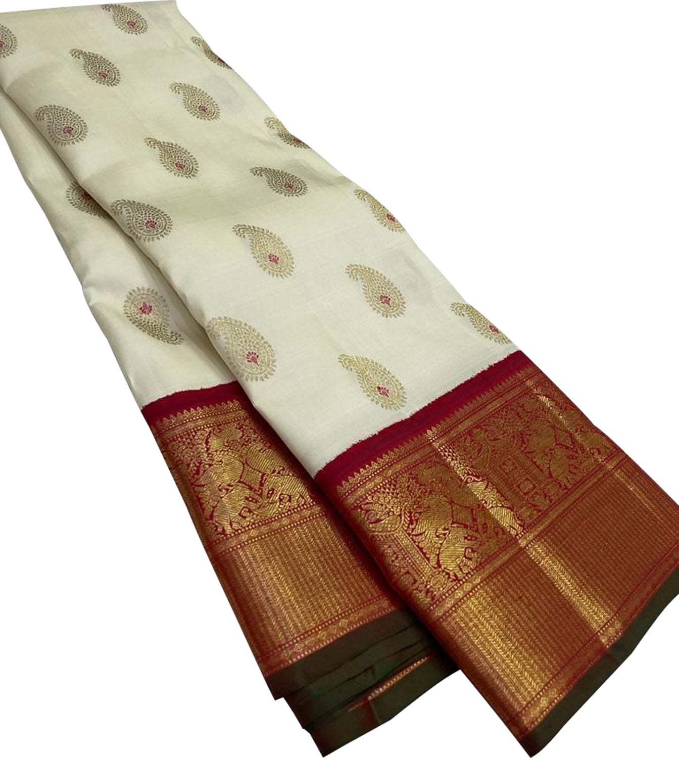 Elegant Off White Kanjeevaram Handloom Pure Silk Saree - Luxurion World