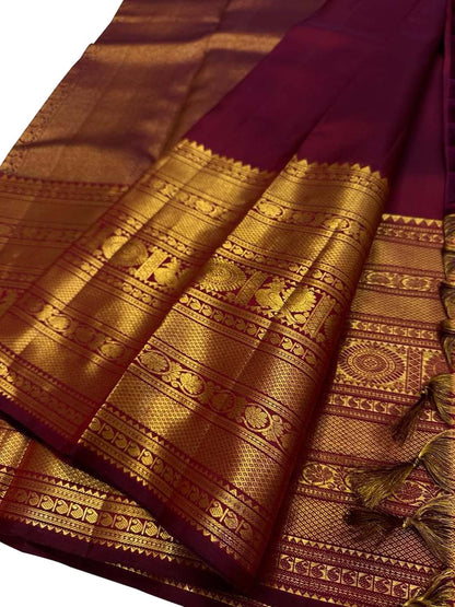 Elegant Maroon Kanjeevaram Handloom Pure Silk Saree - Luxurion World
