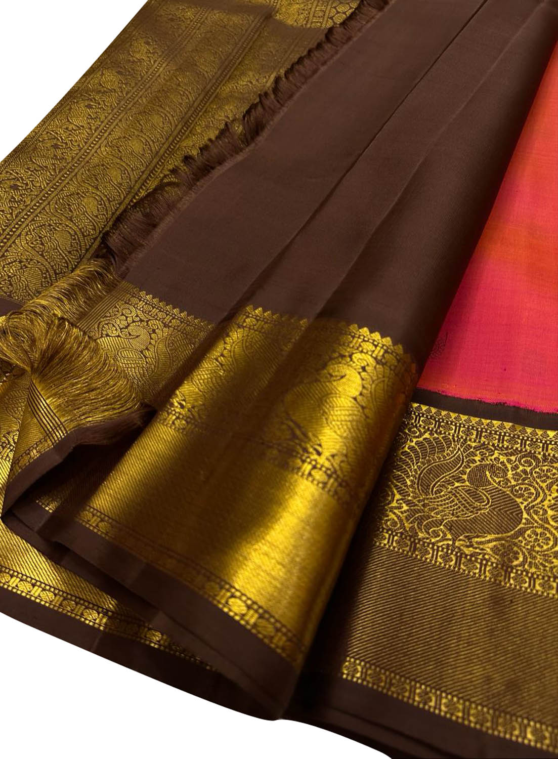 Vibrant Pink & Orange Handloom Kanjeevaram Silk Saree - Luxurion World