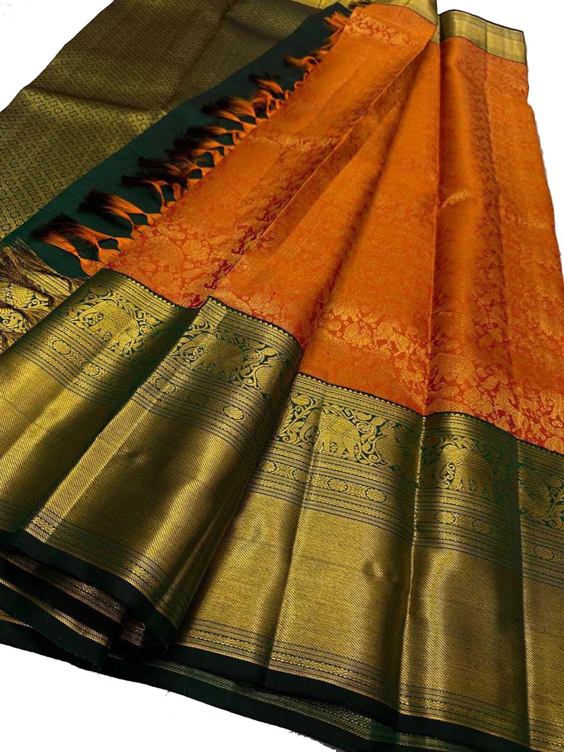 Orange Handloom Kanjeevaram Silk Saree - Luxurion World