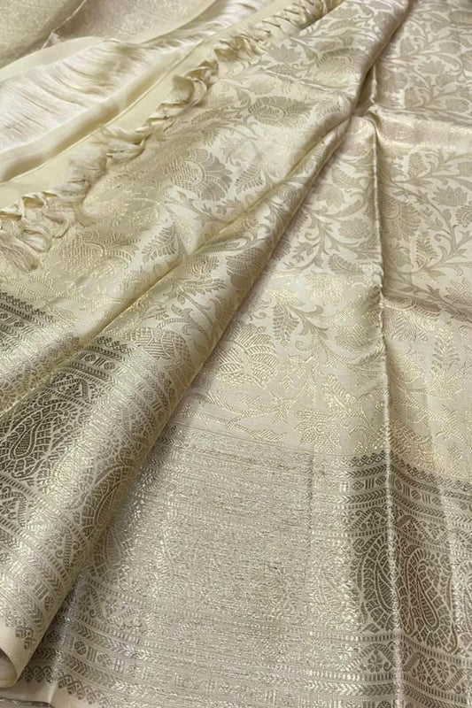 Exquisite Silver Handloom Kanjeevaram Pure Silk Saree - Luxurion World