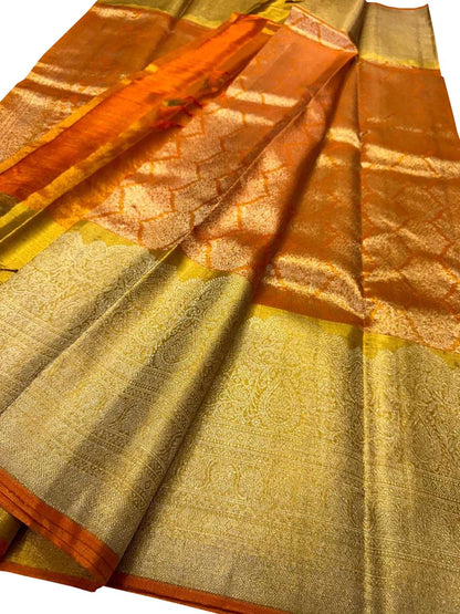 Orange Handloom Kanjeevaram Pure Silk Saree - Luxurion World
