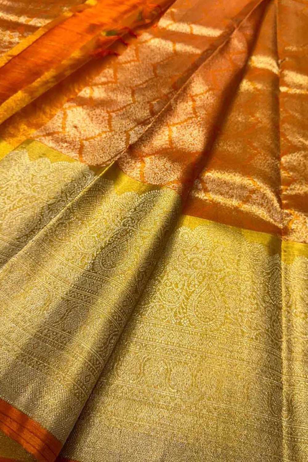 Orange Handloom Kanjeevaram Pure Silk Saree - Luxurion World