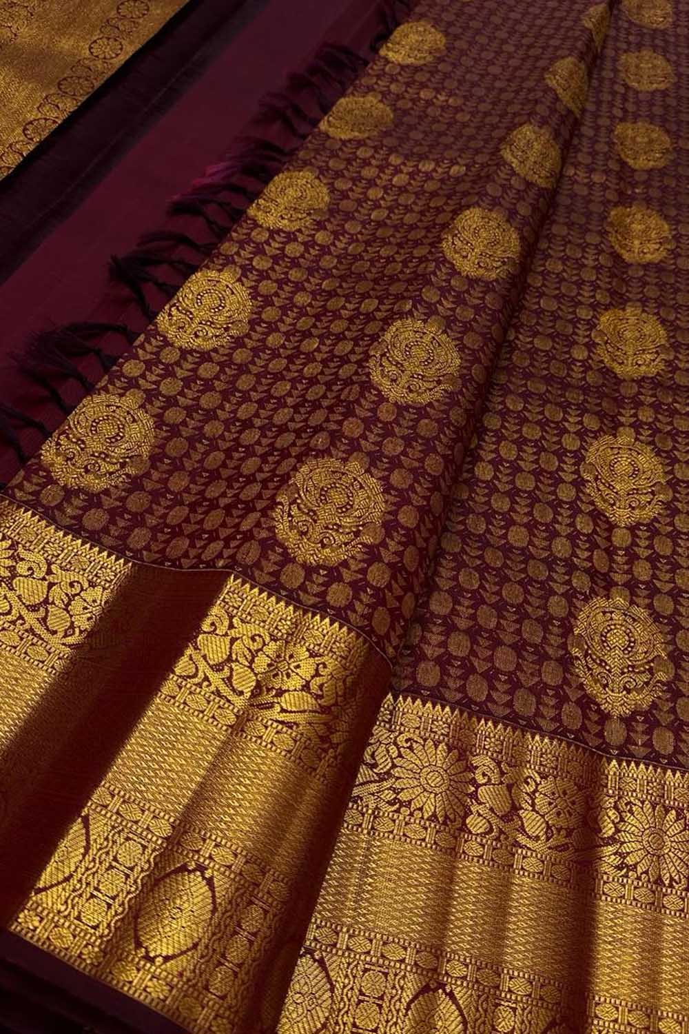Elegant Maroon Handloom Kanjeevaram Silk Saree - Luxurion World