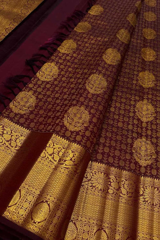 Elegant Maroon Handloom Kanjeevaram Silk Saree - Luxurion World