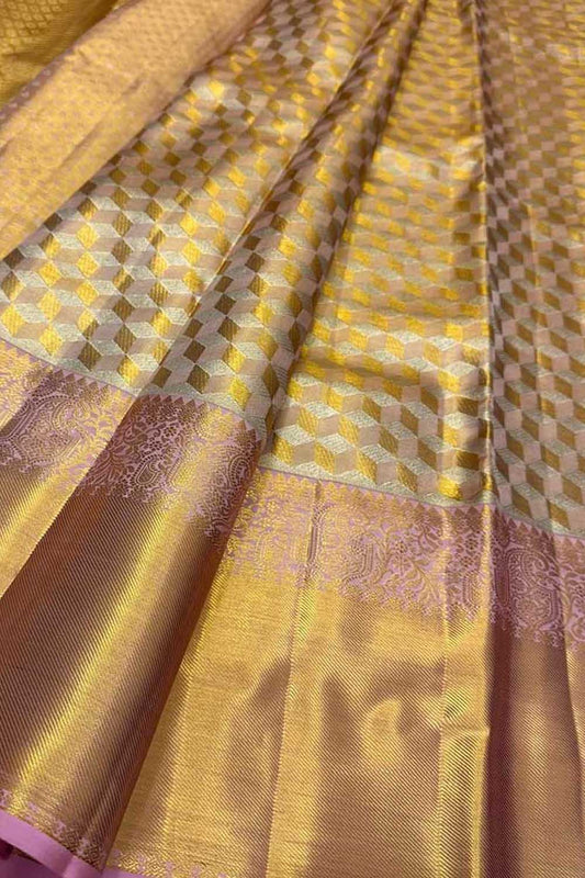 Exquisite Golden Kanjeevaram Silk Saree - Elegant Luxury