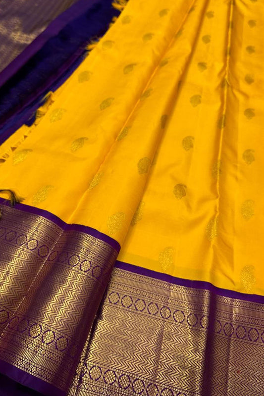 Golden Glow: Yellow Kanjeevaram Pure Silk Saree - Luxurion World
