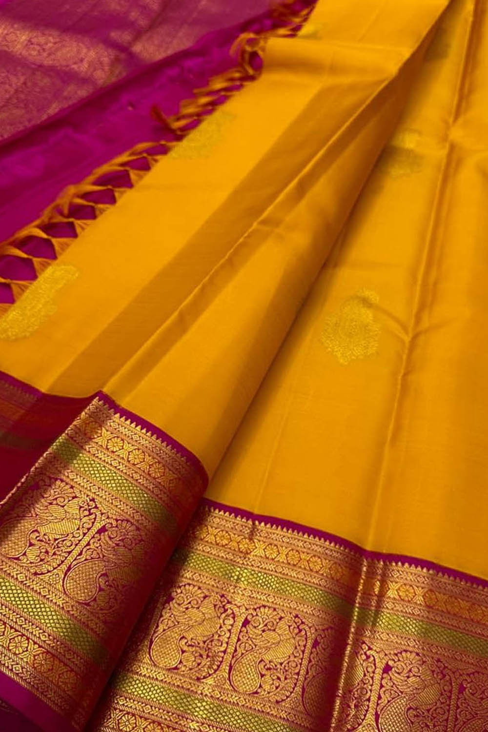Golden Glow: Yellow Kanjeevaram Pure Silk Saree - Luxurion World