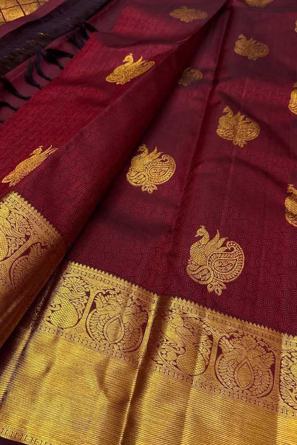 Exquisite Maroon Kanjeevaram Silk Saree - Luxurion World