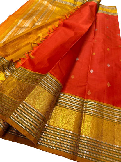 Exquisite Orange Kanjeevaram Handloom Pure Silk Saree - Luxurion World