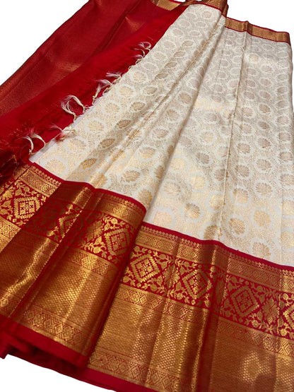Elegant Off White Kanjeevaram Pure Silk Saree - Luxurion World