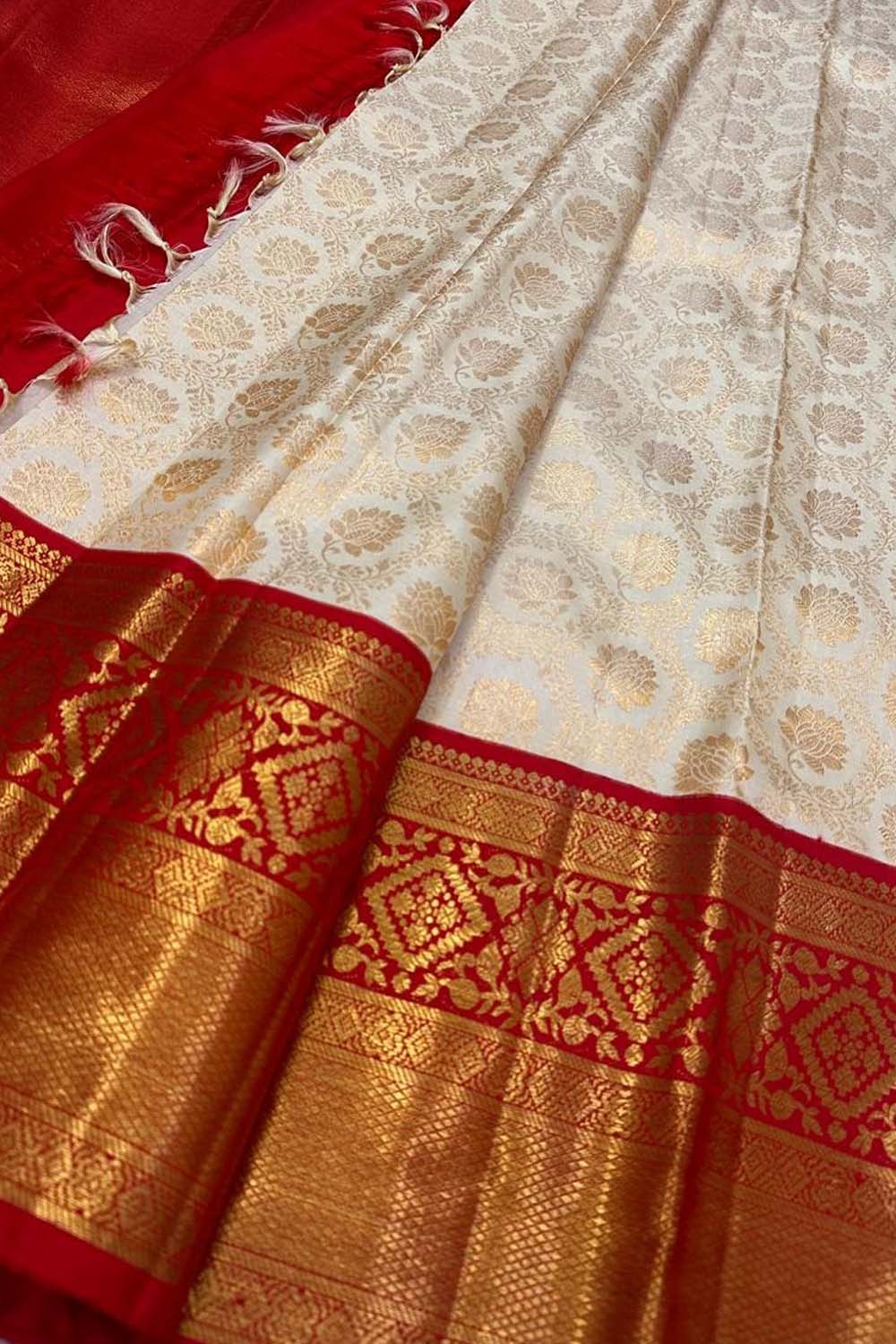 Elegant Off White Kanjeevaram Pure Silk Saree - Luxurion World