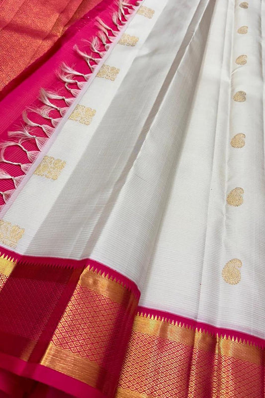 Elegant Off White Silk Saree with Handloom Kanjeevaram - Luxurion World