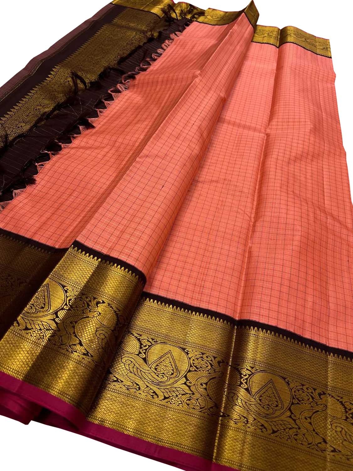 Peach Handloom Kanjeevaram Pure Silk Saree - Elegant and Luxurious - Luxurion World